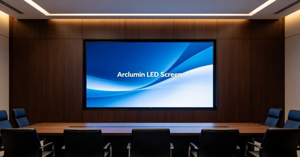 Recessed LED display integrated into a corporate meeting room wall