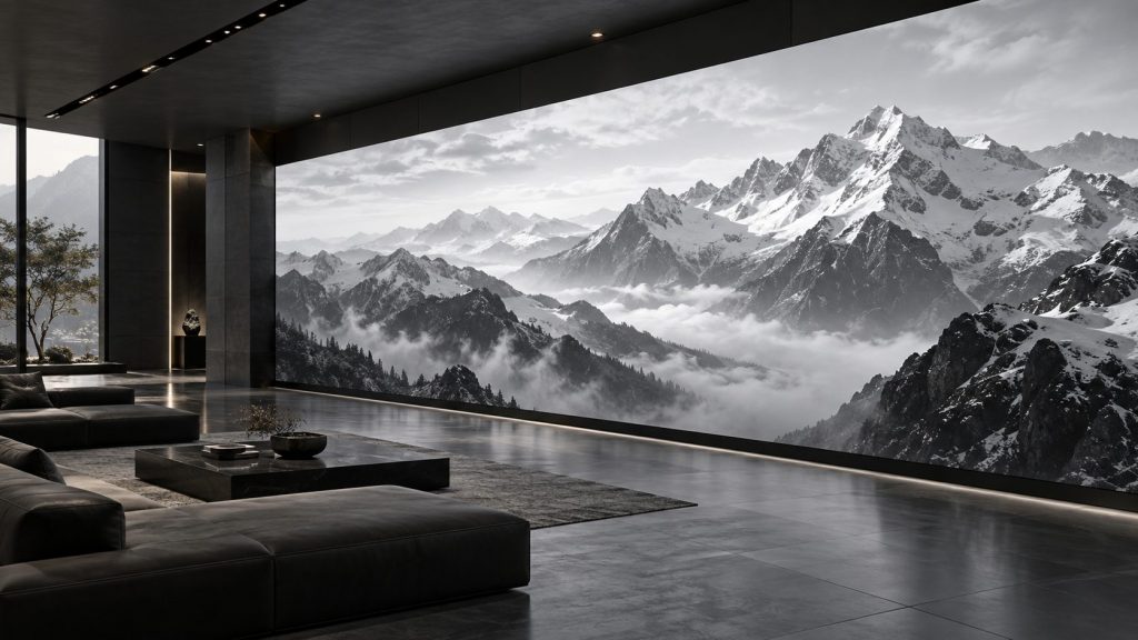 LED wall displaying a monochrome mountain landscape with varied tonal detail