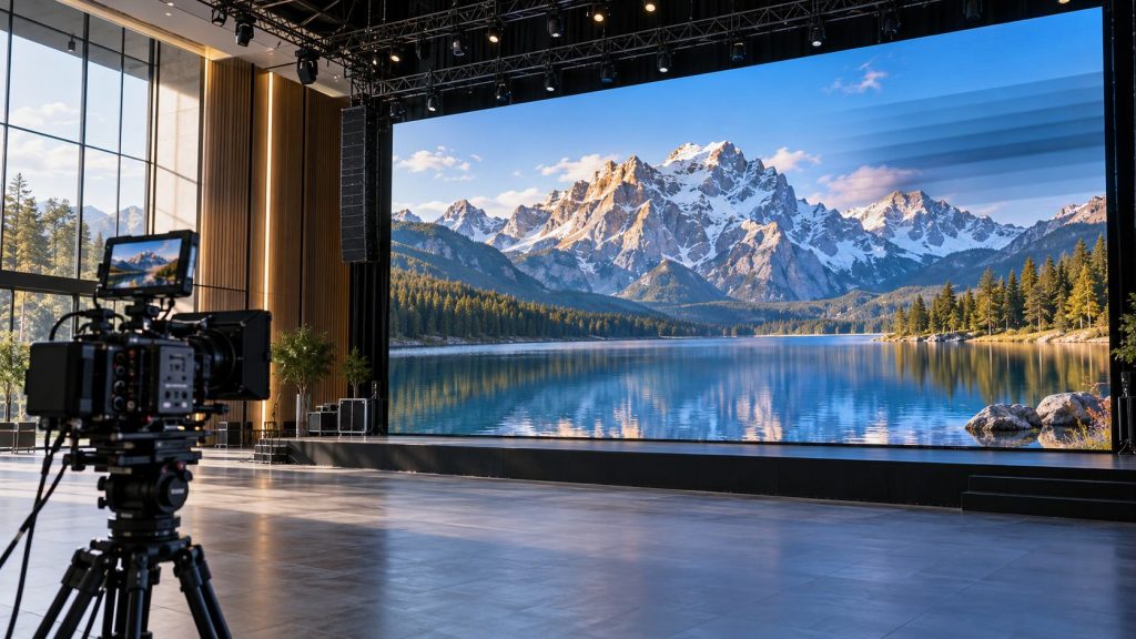 AI illustration of a camera facing a large LED wall displaying a mountain landscape with horizontal dim bands
