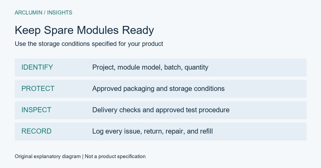Spare module storage checklist covering identification, protection, inspection, and inventory records