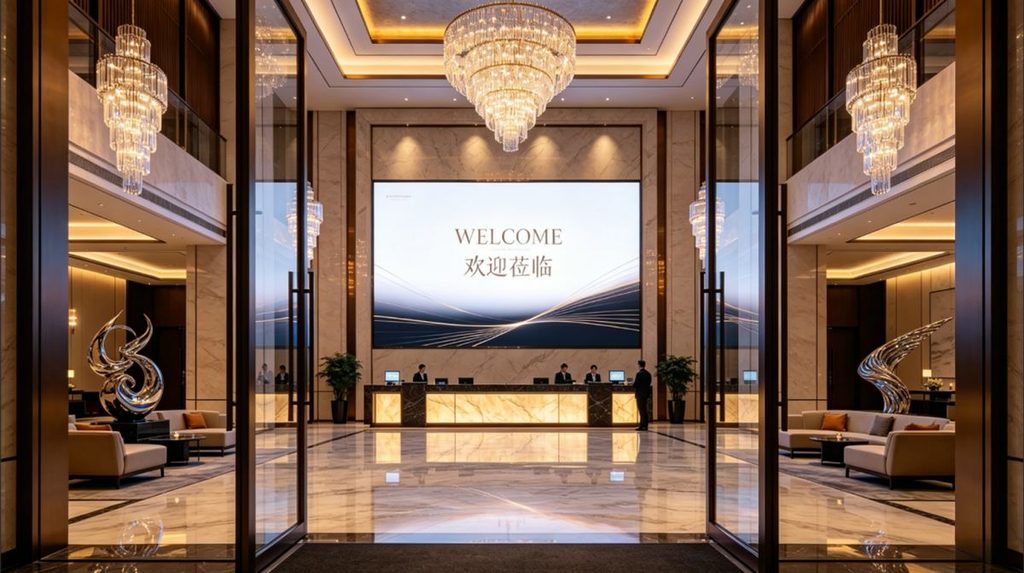 LED display screen in a modern hotel lobby