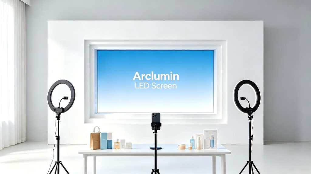 Recessed LED display integrated into a live streaming room wall