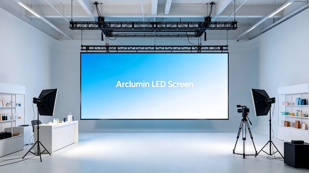 Suspended LED display ceiling-mounted in a live streaming studio