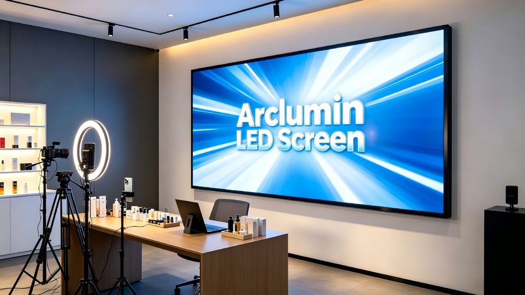 Wall-mounted LED display in a live streaming studio