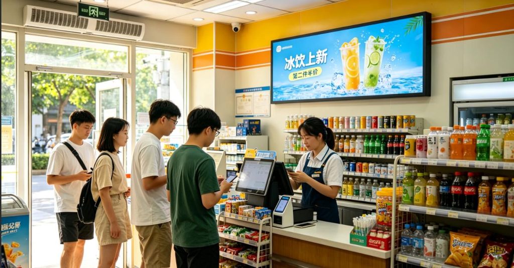 LED advertising screen above a retail store cashier lane